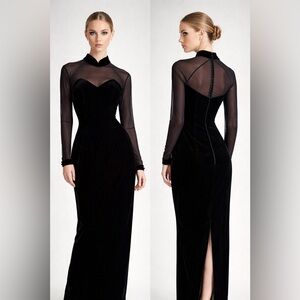 Vintage 1990s Alfred Angelo Black Velvet Sheer Sleeve Evening Gown XS